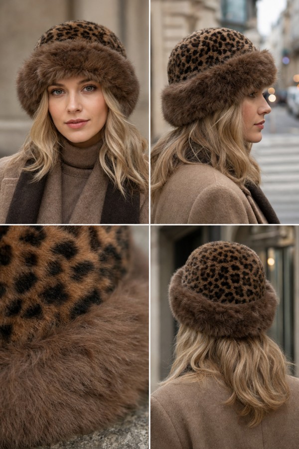 Faux-Fur Trimmed Leopard-Print Cossack Hat, plush