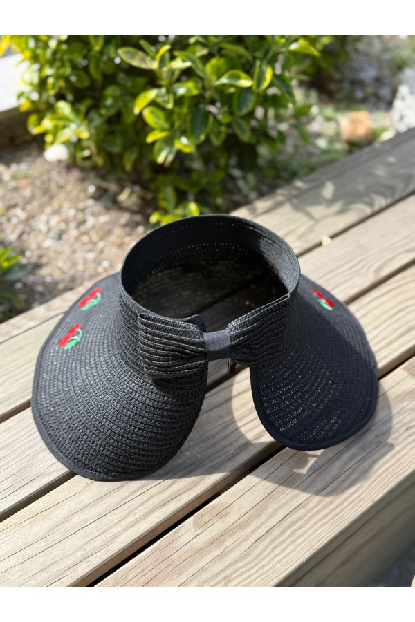 14624-1 Fiyonklu Kiraz Nakışlı Siyah Geniş Üstü Açık Hasır Vizör Şapka