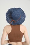 14633 El Örgü Dantelli İp Detaylı Lacivert Geniş Hasır Şapka