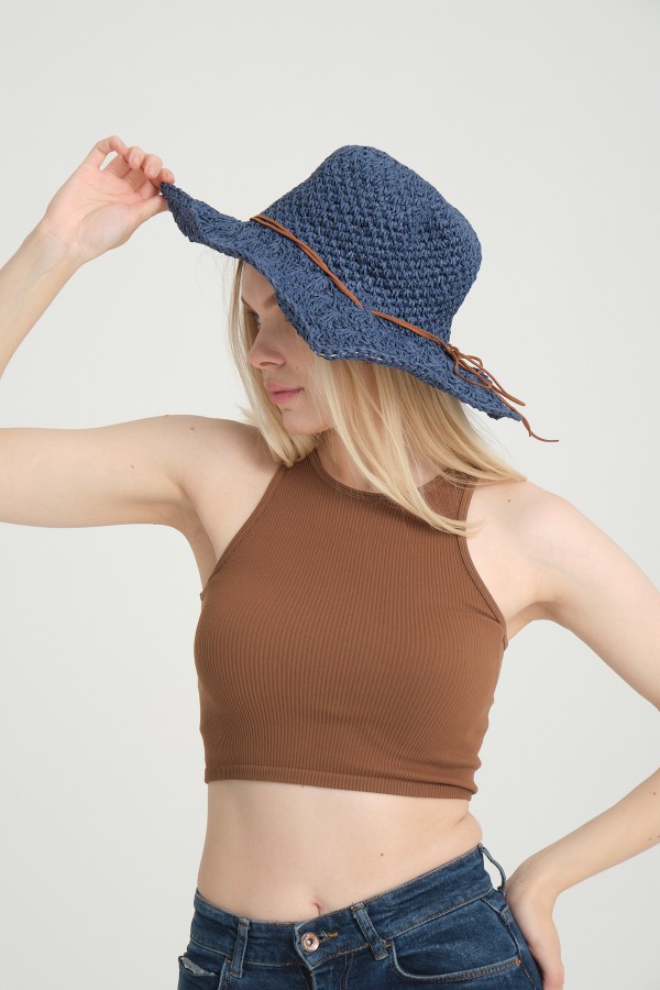 14633 El Örgü Dantelli İp Detaylı Lacivert Geniş Hasır Şapka