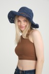 14633 El Örgü Dantelli İp Detaylı Lacivert Geniş Hasır Şapka