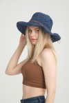 14633 El Örgü Dantelli İp Detaylı Lacivert Geniş Hasır Şapka
