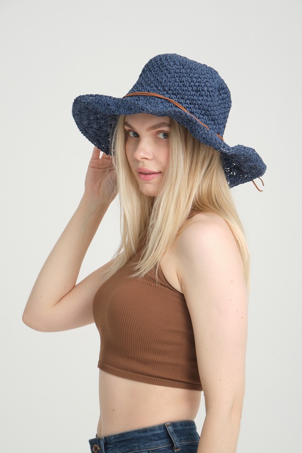 14633 El Örgü Dantelli İp Detaylı Lacivert Geniş Hasır Şapka