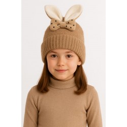 14636 İçi Polarlı Tavşan Kulaklıklı Camel Teddy Kumaş Peluş Bere 5-12 Yaş