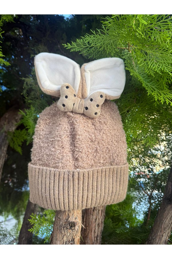 İçi Polarlı Tavşan Kulaklıklı Camel Teddy Kumaş Peluş Bere 5-12 Yaş, Teddy Kumaş