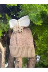 İçi Polarlı Tavşan Kulaklıklı Camel Teddy Kumaş Peluş Bere 5-12 Yaş, Teddy Kumaş