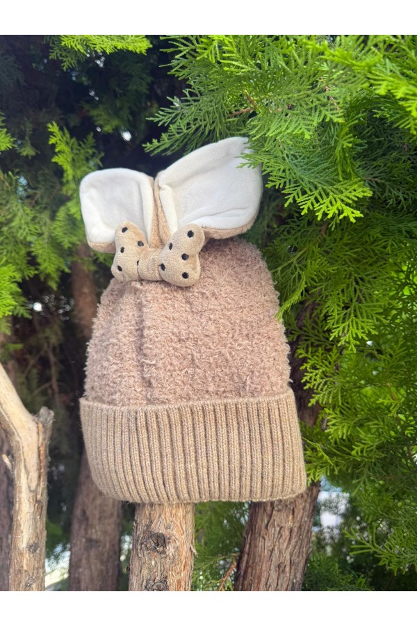İçi Polarlı Tavşan Kulaklıklı Camel Teddy Kumaş Peluş Bere 5-12 Yaş, Teddy Kumaş