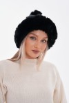 Ponponlu Peluş Kürklü Siyah Bere, %100 Polyester Peluş