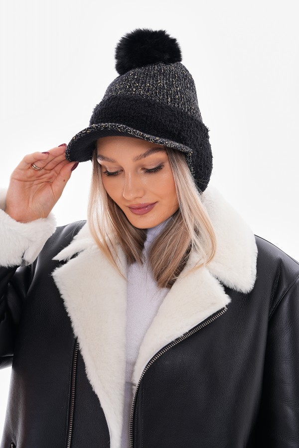 Pompom Ear-Flap Black Flat Cap - Nesvay Pompom Ear-Flap Black Flat Cap, fabric