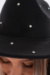 Stone-Embellished Black Panama Hat, 100% paper straw