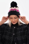 Black & Fuchsia Zigzag Print Beanie, 100% acrylic