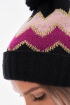 Black & Fuchsia Zigzag Print Beanie, 100% acrylic