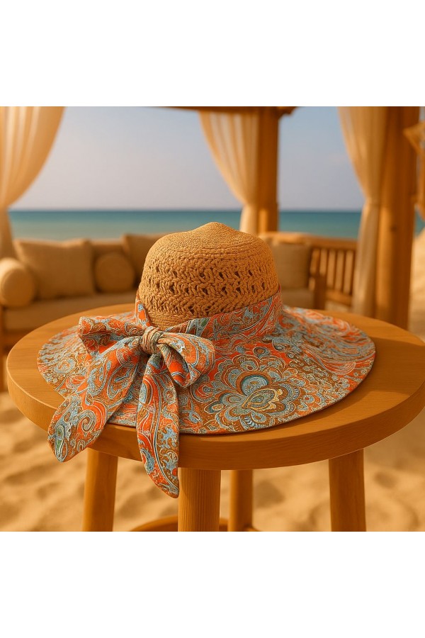 14718 Desenli Camel Geniş Siperli Hasır Şapka