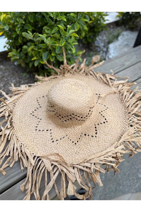 14725 Saçaklı Camel Geniş Hasır Şapka