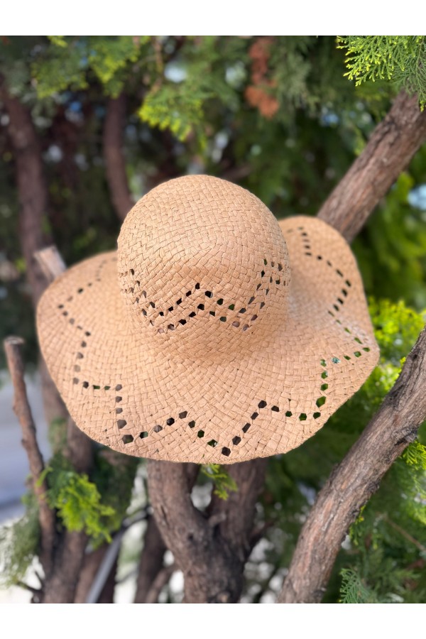 14725 Saçaklı Camel Geniş Hasır Şapka