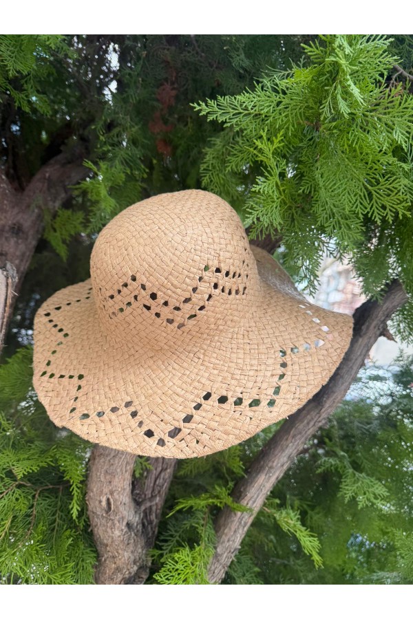 14725 Saçaklı Camel Geniş Hasır Şapka