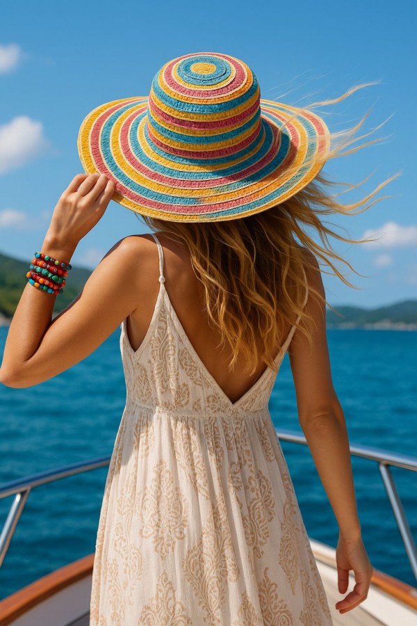 14751 Çok Renkli Geniş Hasır Şapka