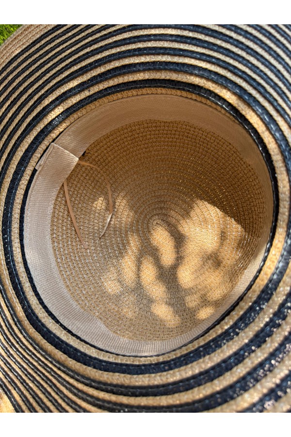 14775 Çizgili Camel Geniş Hasır Şapka