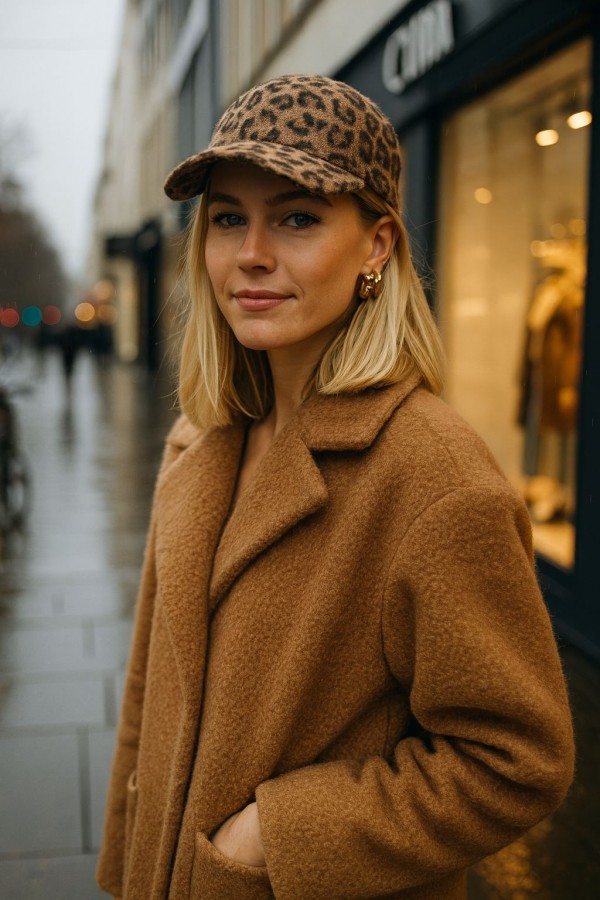 14796 Kırçıllı Leopar Desenli Camel Kep Şapka