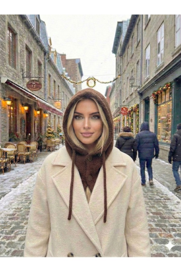 14800-1 Kahverengi Boyundan Geçmeli Yumuşak Dokulu Düğmeli Bağcıklı Balaklava Model Triko Bere