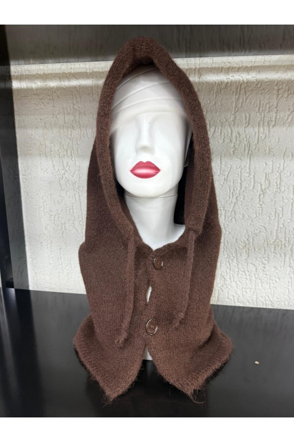 14800-1 Kahverengi Boyundan Geçmeli Yumuşak Dokulu Düğmeli Bağcıklı Balaklava Model Triko Bere