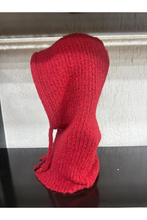 14800-2 Bordo Boyundan Geçmeli Yumuşak Dokulu Düğmeli Bağcıklı Balaklava Model Triko Bere