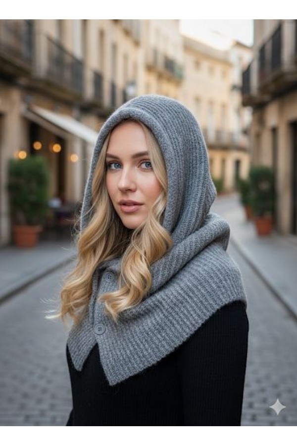 14800-2 Gri Boyundan Geçmeli Yumuşak Dokulu Düğmeli Bağcıklı Balaklava Model Triko Bere