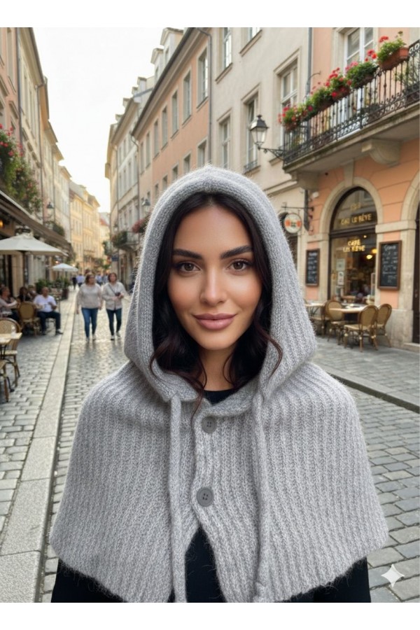 14800-2 Gri Boyundan Geçmeli Yumuşak Dokulu Düğmeli Bağcıklı Balaklava Model Triko Bere