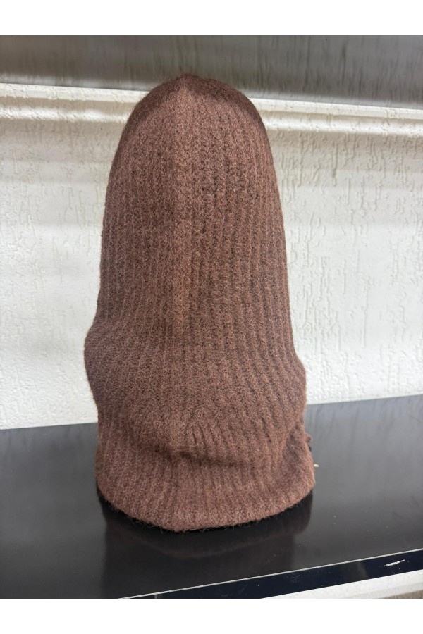 14800-2 Kahve Boyundan Geçmeli Yumuşak Dokulu Düğmeli Bağcıklı Balaklava Model Triko Bere
