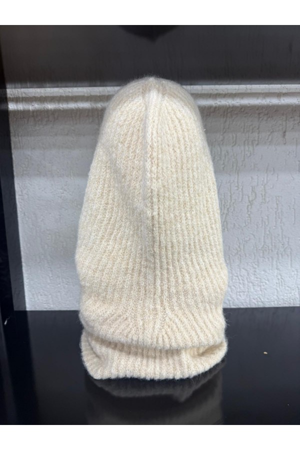 14800-2 Krem Boyundan Geçmeli Yumuşak Dokulu Düğmeli Bağcıklı Balaklava Model Triko Bere