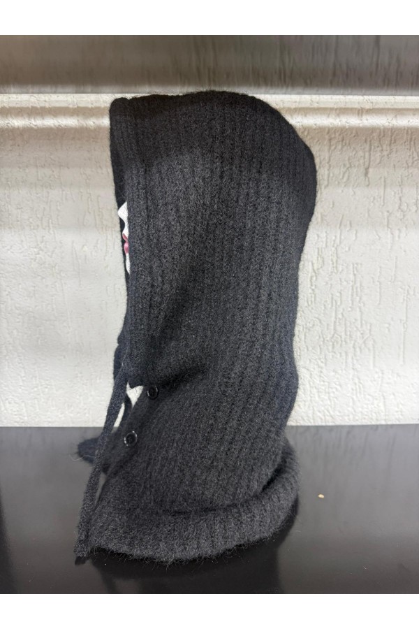 14800-2 Siyah Boyundan Geçmeli Yumuşak Dokulu Düğmeli Bağcıklı Balaklava Model Triko Bere