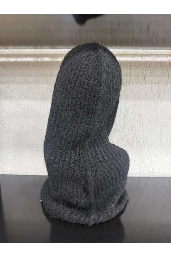 14800-2 Siyah Boyundan Geçmeli Yumuşak Dokulu Düğmeli Bağcıklı Balaklava Model Triko Bere