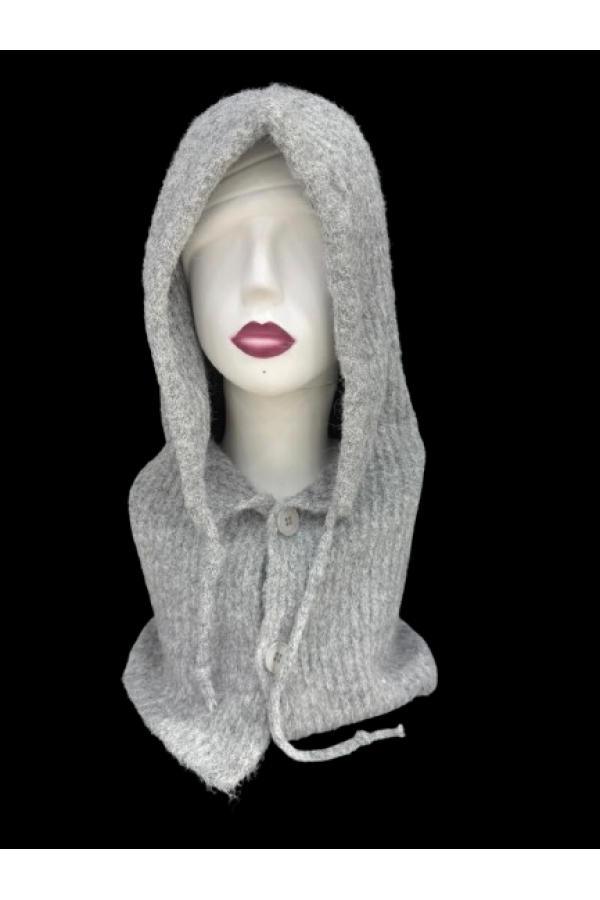 14800 Gri Boyundan Geçmeli Yumuşak Dokulu Düğmeli Bağcıklı Balaklava Model Triko Bere