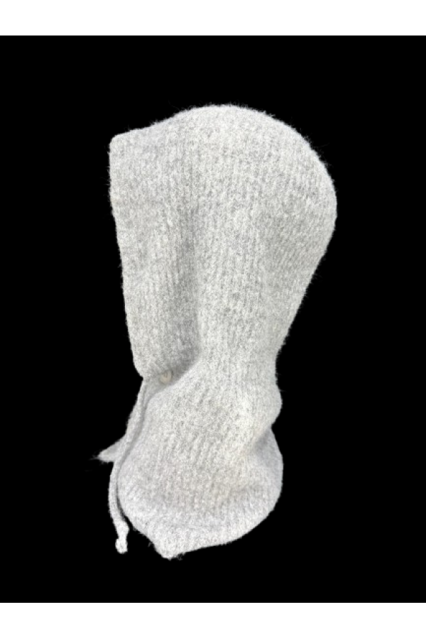 14800 Gri Boyundan Geçmeli Yumuşak Dokulu Düğmeli Bağcıklı Balaklava Model Triko Bere