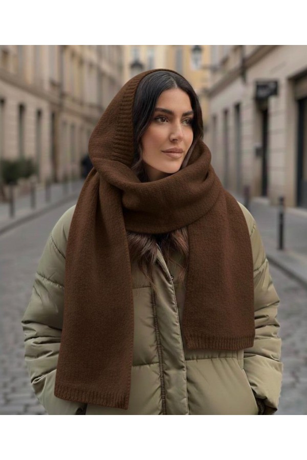 14812 Kahverengi Yumuşak Dokulu Kapüşonlu Tek Parça Atkı Bere
