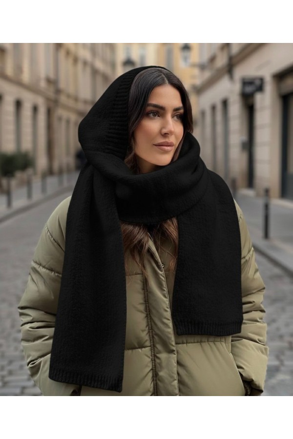 14812 Siyah Yumuşak Dokulu Kapüşonlu Tek Parça Atkı Bere