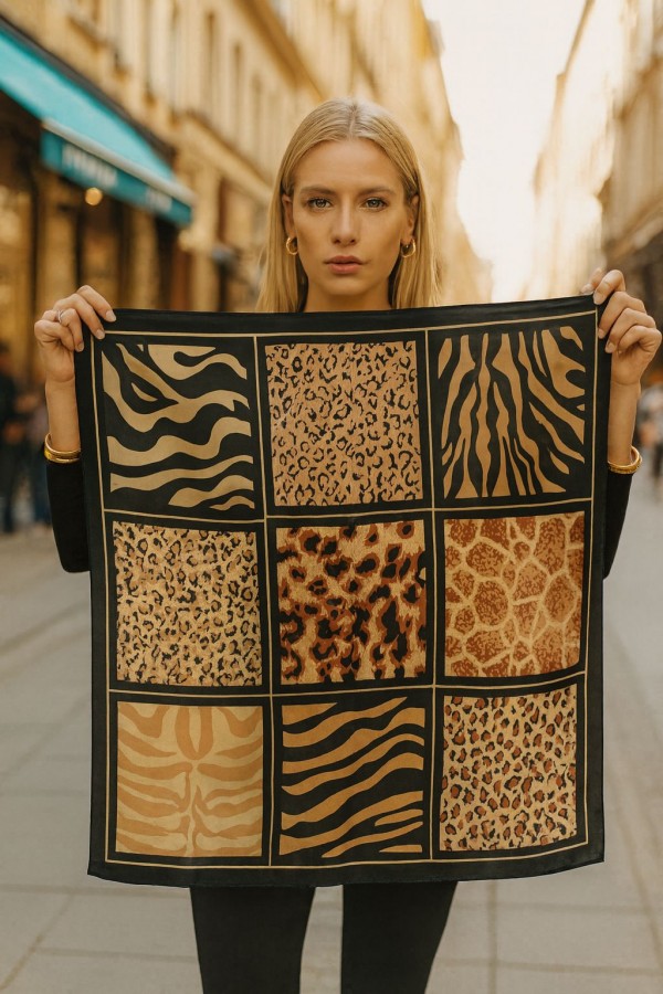 14831 Animal Desenli Siyah Bandana Fular 70x70 cm