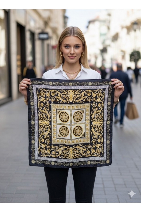 14835 Gold Desenli Siyah Bandana Fular 70x70 cm