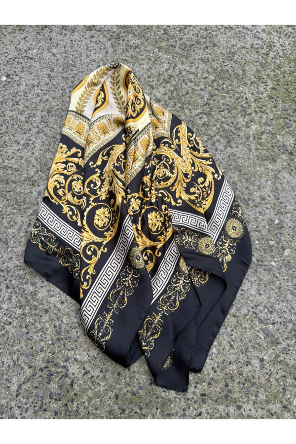 14835 Gold Desenli Siyah Bandana Fular 70x70 cm