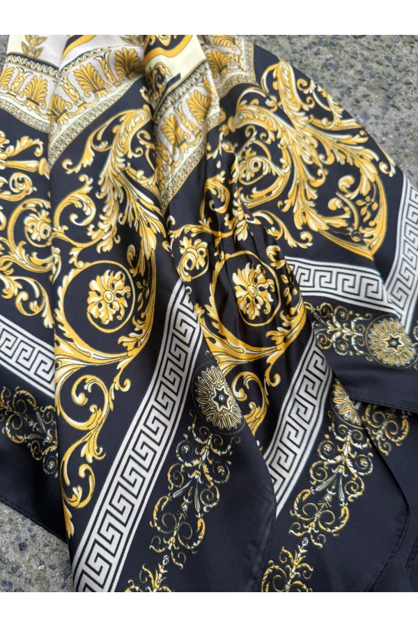 14835 Gold Desenli Siyah Bandana Fular 70x70 cm