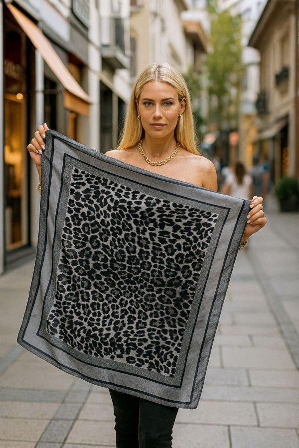 14839 Leopar Desenli Gri Çift Tarafı Baskılı Bandana Fular 70x70 cm