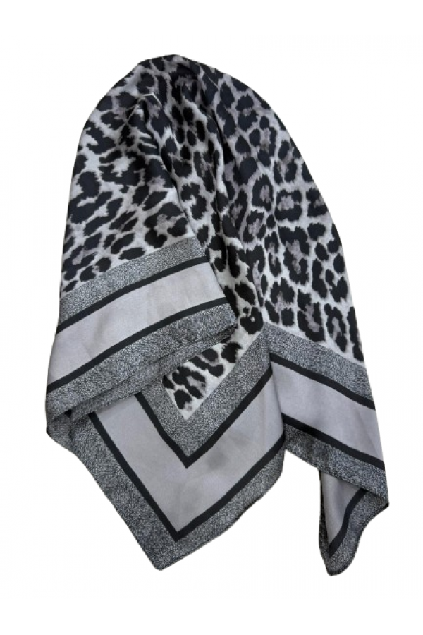 14839 Leopar Desenli Gri Çift Tarafı Baskılı Bandana Fular 70x70 cm