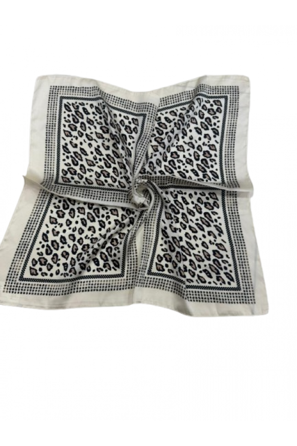 14847 Leopar Desenli Ekru Çift Tarafı Baskılı Bandana Fular 70x70 cm