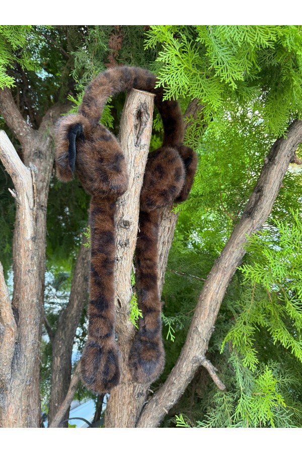Leopar Desenli Kahve Kulaklık, %100 Polyester Peluş