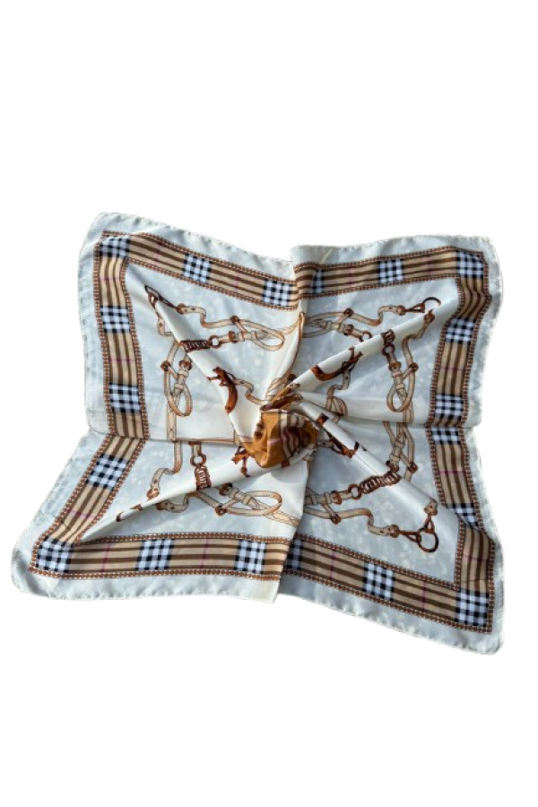 14887 Zincir Desenli Ekru Çift Tarafı Baskılı Bandana Fular 70x70 cm