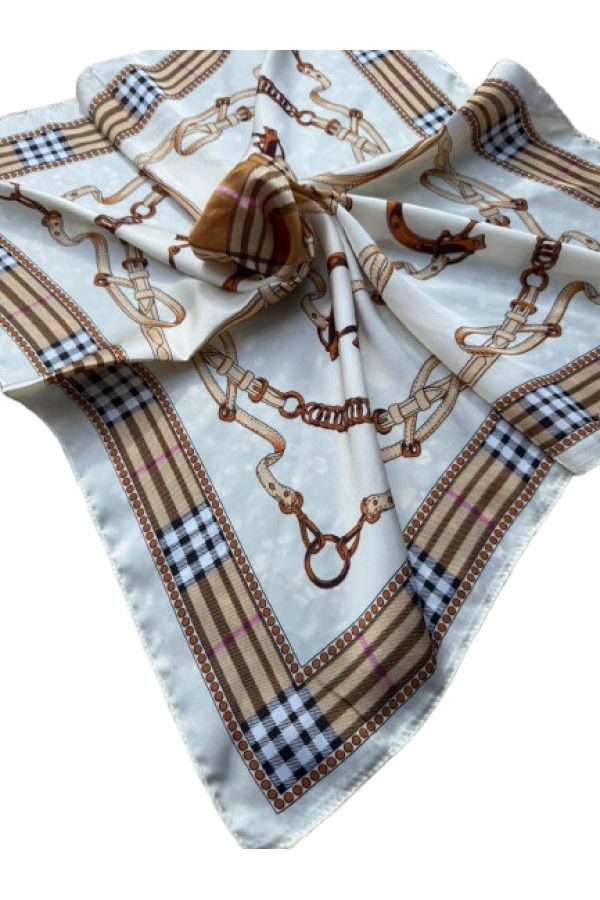 14887 Zincir Desenli Ekru Çift Tarafı Baskılı Bandana Fular 70x70 cm