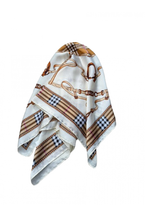 14887 Zincir Desenli Ekru Çift Tarafı Baskılı Bandana Fular 70x70 cm
