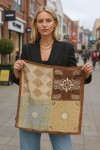 14890 Patchwork Desenli Kahve Çift Tarafı Baskılı Bandana Fular 70x70 cm