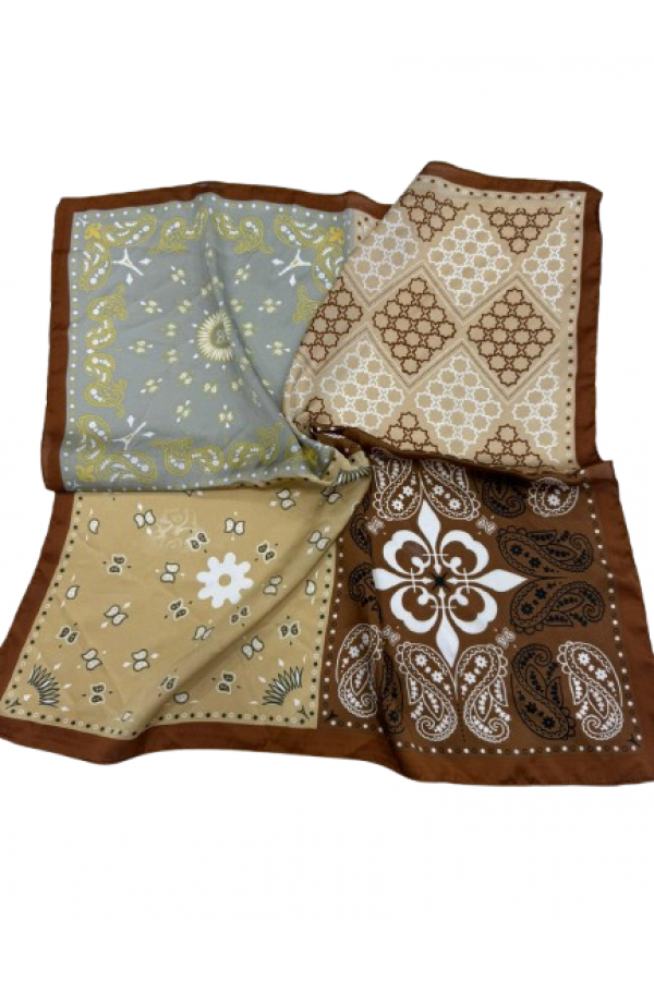 14890 Patchwork Desenli Kahve Çift Tarafı Baskılı Bandana Fular 70x70 cm