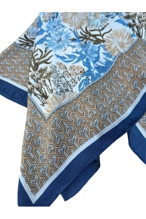 14895 Çiçek Desenli Lacivert Çift Tarafı Baskılı Bandana Fular 70x70 cm